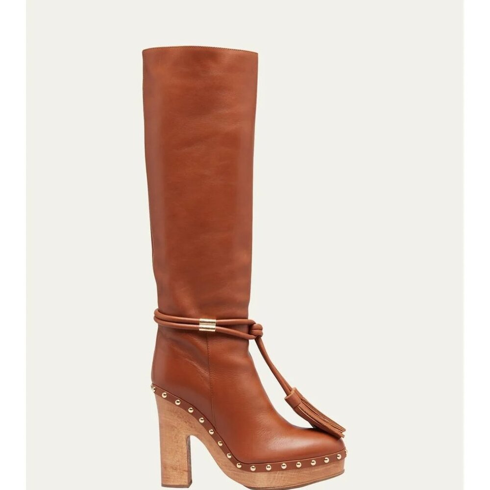 Ulla Johnson Elin Tassel Studded Gognac Leather Heeled Boots  EU38.5/US8.5